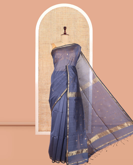 Blue Maheshwari Cotton Saree, Enthralled with Zari Buttas, a Zari Piping Border, Zari Buttas Pallu, and a Matching Blouse