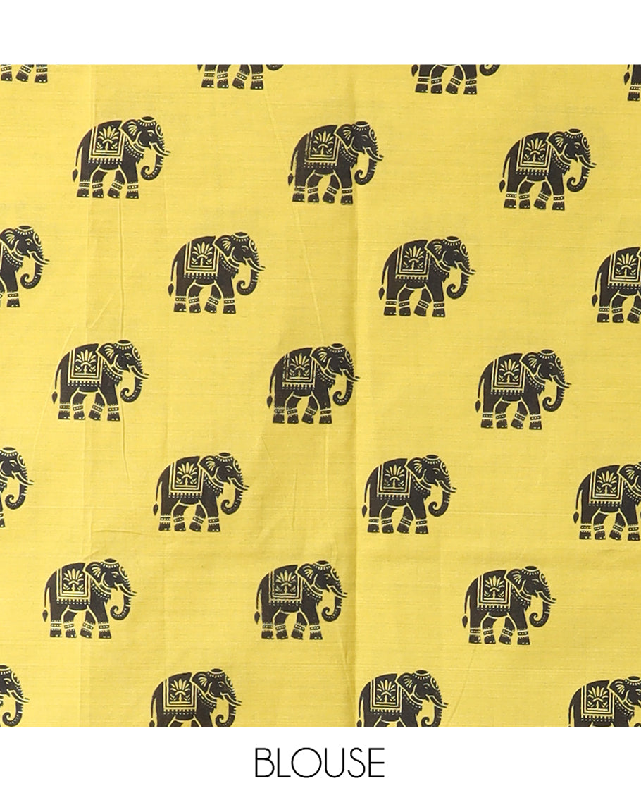 Yellow South Cotton Saree Features Leaf and Elephant Motifs Print, a Subtle Printed Border, and a Matching Blouse