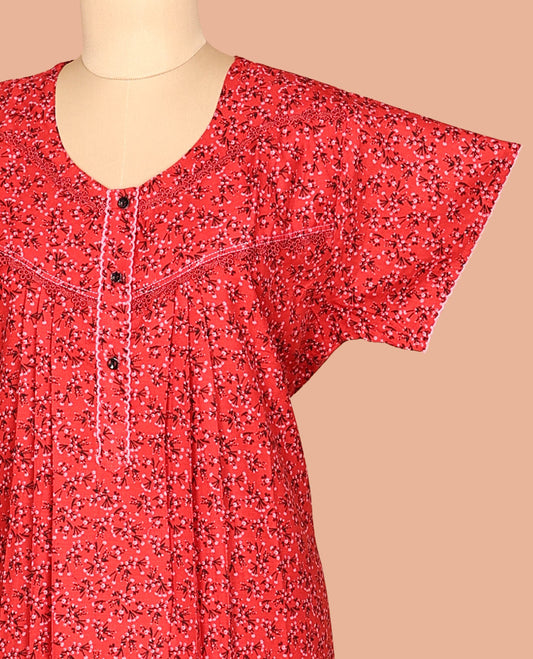 Red Round Neck Cotton-Blended Nighty
