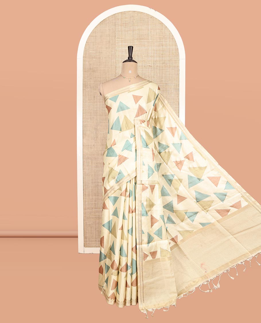 Light Yellow Fancy Tussar Silk Saree Features Triangle Motifs, Zari Border, Striped Pallu, Matching Blouse