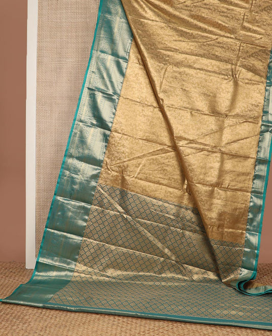 Golden yellow zari vine jacquard budget silk saree, contrast traditional zari design border, and pallu of zari jaal design weave
