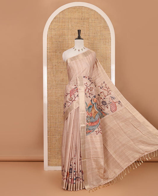 Chikku kalamkari-style floral & peacock printed katan silk saree, traditional zari border, striped pallu & matching blouse