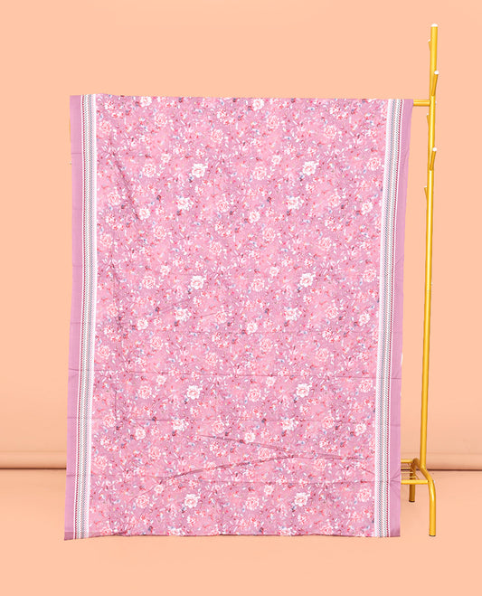 Pink Mul Mul Cotton Saree, Detailed with a Floral Print, a Subtle Chevron Border, Geometric-Printed Pallu, and a Matching Blouse