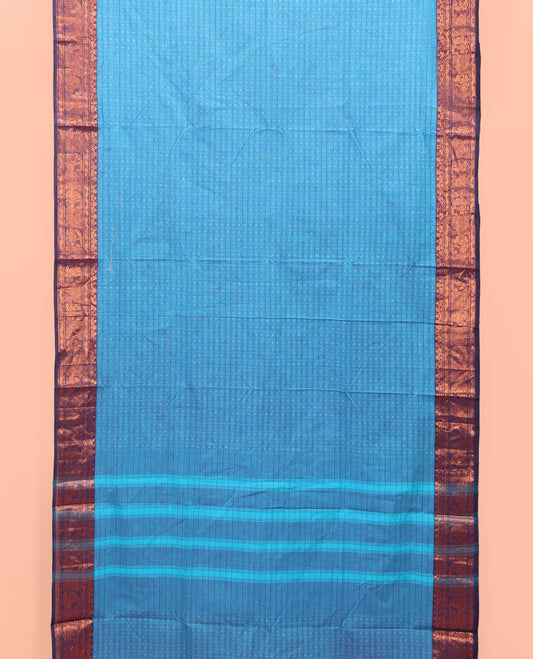 Blue Nine-Yard Cotton Saree, Subtly Sparkled with Butta Enclosed Checks, Complemented by Contrast Traditional Zari Design Border, Subtly Striped Pallu, and Comes Without a Blouse