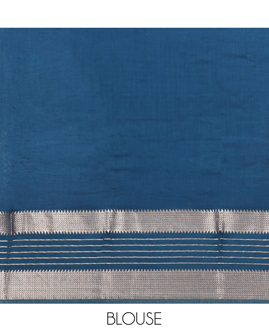 Blue Plain Assam Silk Saree, Complemented by a Contrast Traditional Zari Border, Zari-Striped Pallu, and a Contrast Blouse