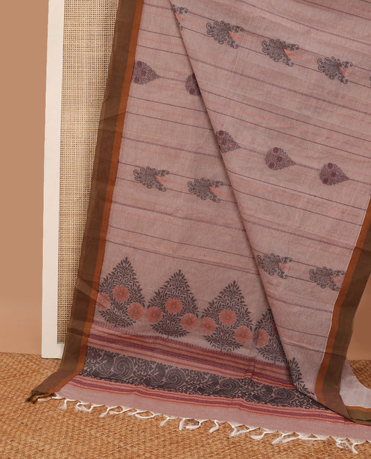Brown floral design coimbatore cotton saree with contrast border & floral design pallu