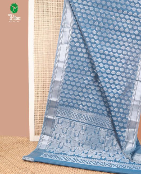 blue silver zari design silk cotton saree with double pad rudrashra border & rich pallu along with plain blouse