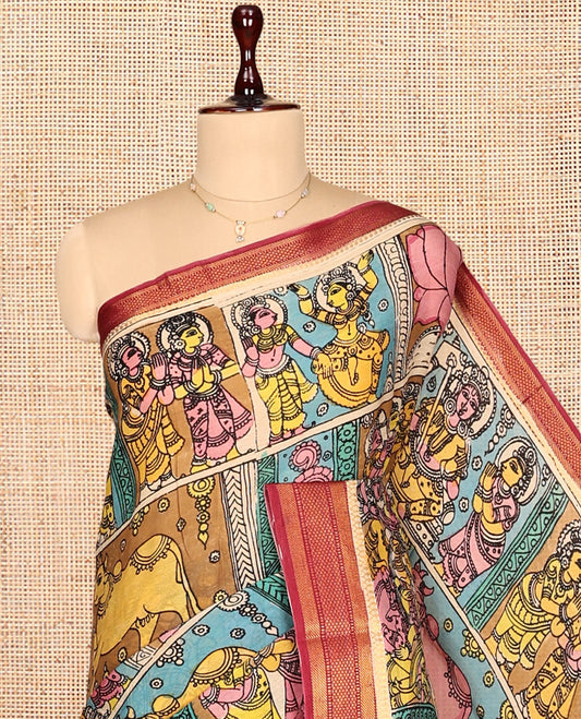 Multi-Color Kalamkari Silk Saree, Meticulously Crafted with Ancient Human Motifs Print, a Contrast Traditional Zari Border, Human Motifs Pallu, and a Contrast Blouse