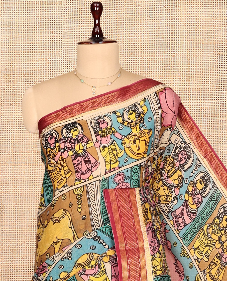 Multi-Color Kalamkari Silk Saree, Meticulously Crafted with Ancient Human Motifs Print, a Contrast Traditional Zari Border, Human Motifs Pallu, and a Contrast Blouse