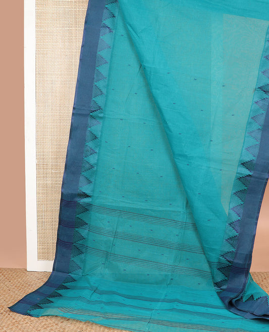Sea blue motifs bengal cotton saree with contrast temple border & striped, floral motifs pallu