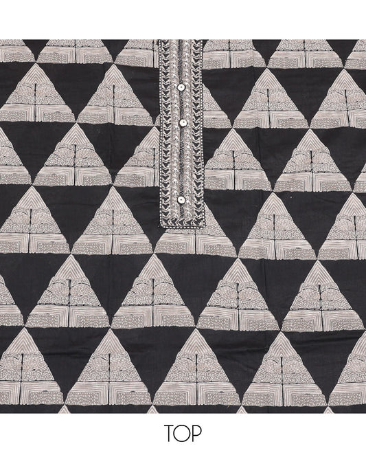 Black Cotton Material Churidar Set, Detailed with Geometric Printed Top, Geometric Printed Bottom, and Shibori Dupatta