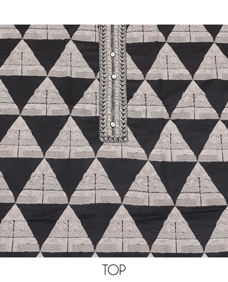 Black Cotton Material Churidar Set, Detailed with Geometric Printed Top, Geometric Printed Bottom, and Shibori Dupatta