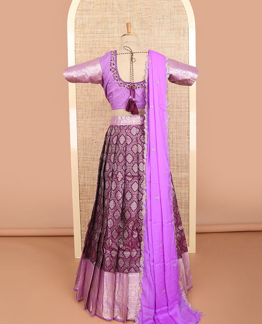 Violet floral jacqaurd half saree with contrast zari design border, floral embroidered blouse & floral embroidery dhavani