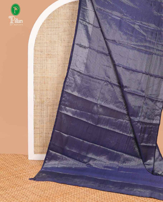 Navy blue antique zari striped desig soft silk saree with self border & self pallu along with silver zari blouse