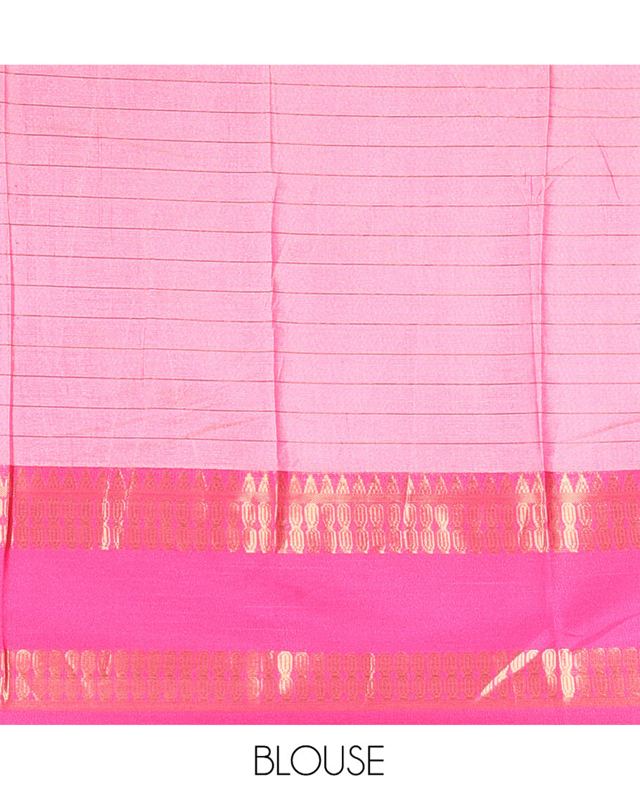 Cream-Rani Pink Checked Art Soft Silk Saree, Complemented by Contrast Traditional Retai Pettu Border, Striped Pallu, and a Contrast Blouse