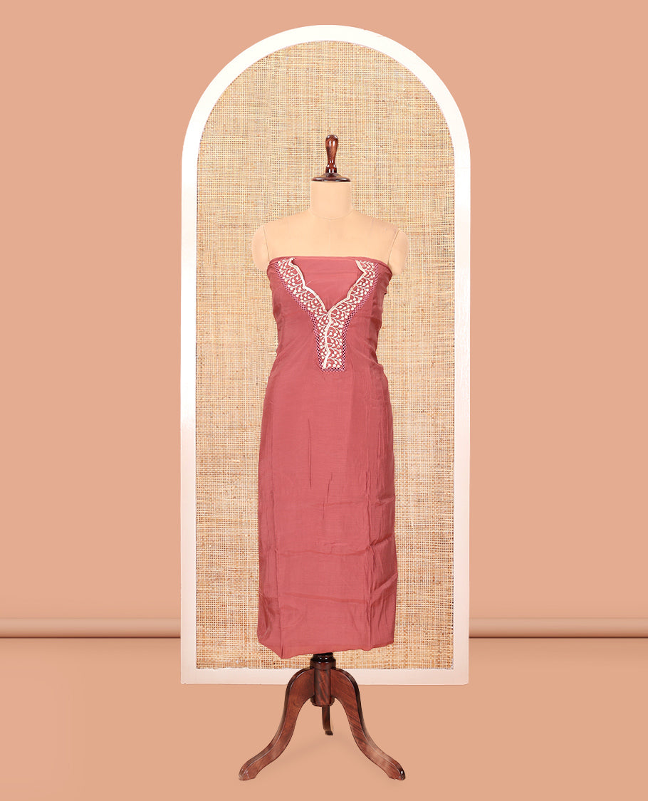 Onion Pink Mul Chanderi Material Churidar Set, V-Neck Thread Embroidered Top, a Matching Bottom, a Thread Leaf Embroidered Dupatta