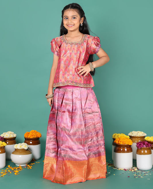 Pink readymade art silk pavadai, jacquard & contrast traditional border skirt & jacquard & embroidery round neck puff-sleeve blouse