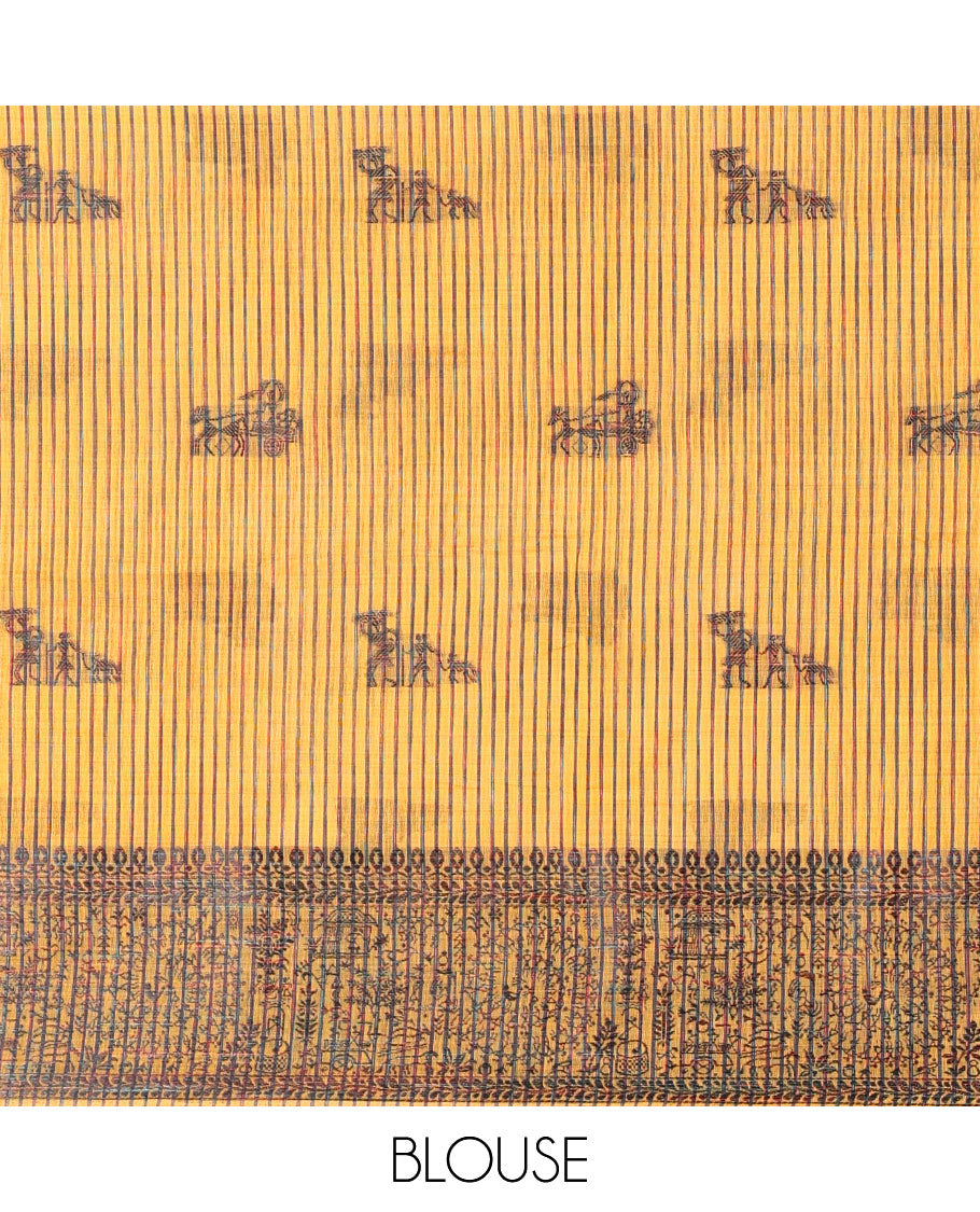 Yellow Chanderi Cotton Saree Delicately Woven with Warli Motifs All Over Its Body, Featuring a Subtly Sparkled Border Depicting Warli Village Motifs, Subtly Striped Pallu, and Paired with a Matching Blouse