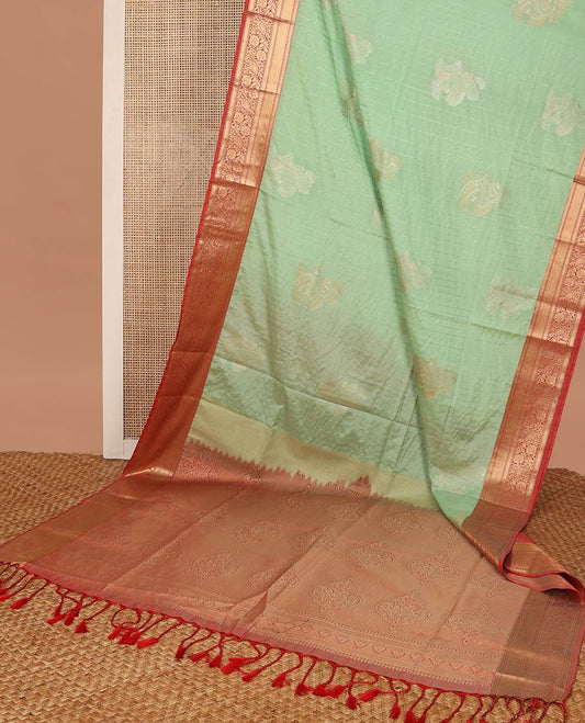 Light green striped, motifs soft silk saree with contrast zari design border & floral design pallu