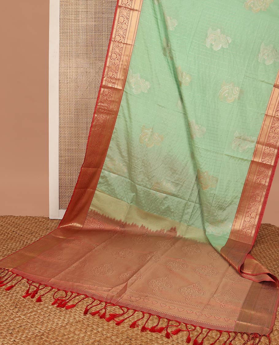 Light green striped, motifs soft silk saree with contrast zari design border & floral design pallu