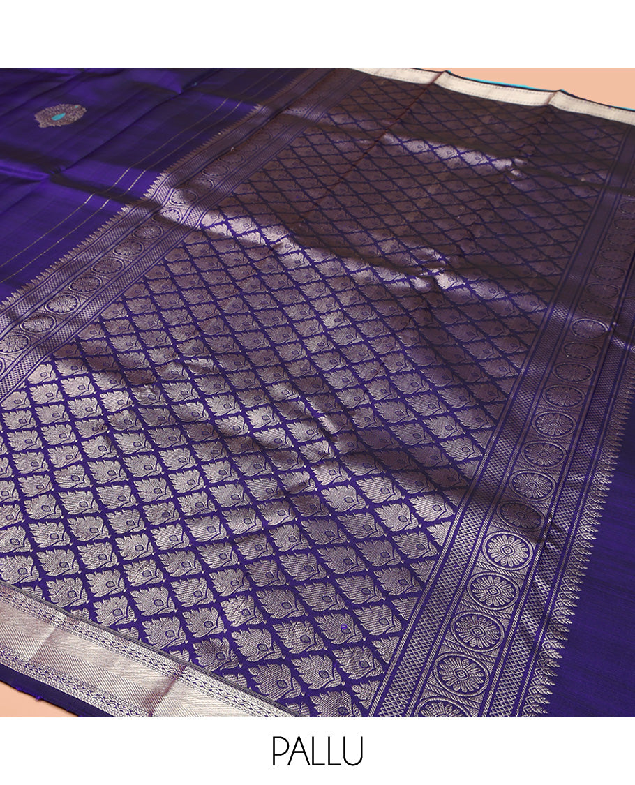 Violet Kanchipuram Silk Saree, Embellished with Zari Buttas All Over Its Body, Highlighted by Zari Border of Muthu and Neli Designs, Grand Pallu, and Paired with a Matching Blouse