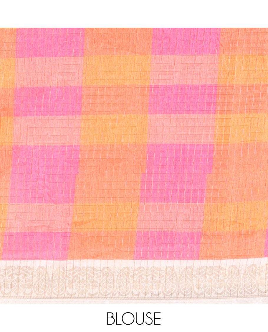 Cream-Pink Checked Semi-Tussar Saree, a Contrast Madras-Checked Border, a Contrast Blouse