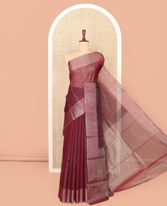 Maroon Silk Cotton Saree, Woven with Stripes and Checks, Complemented by a Contrast Temple Border, Intricately Designed Pallu, and a Contrast Blouse
