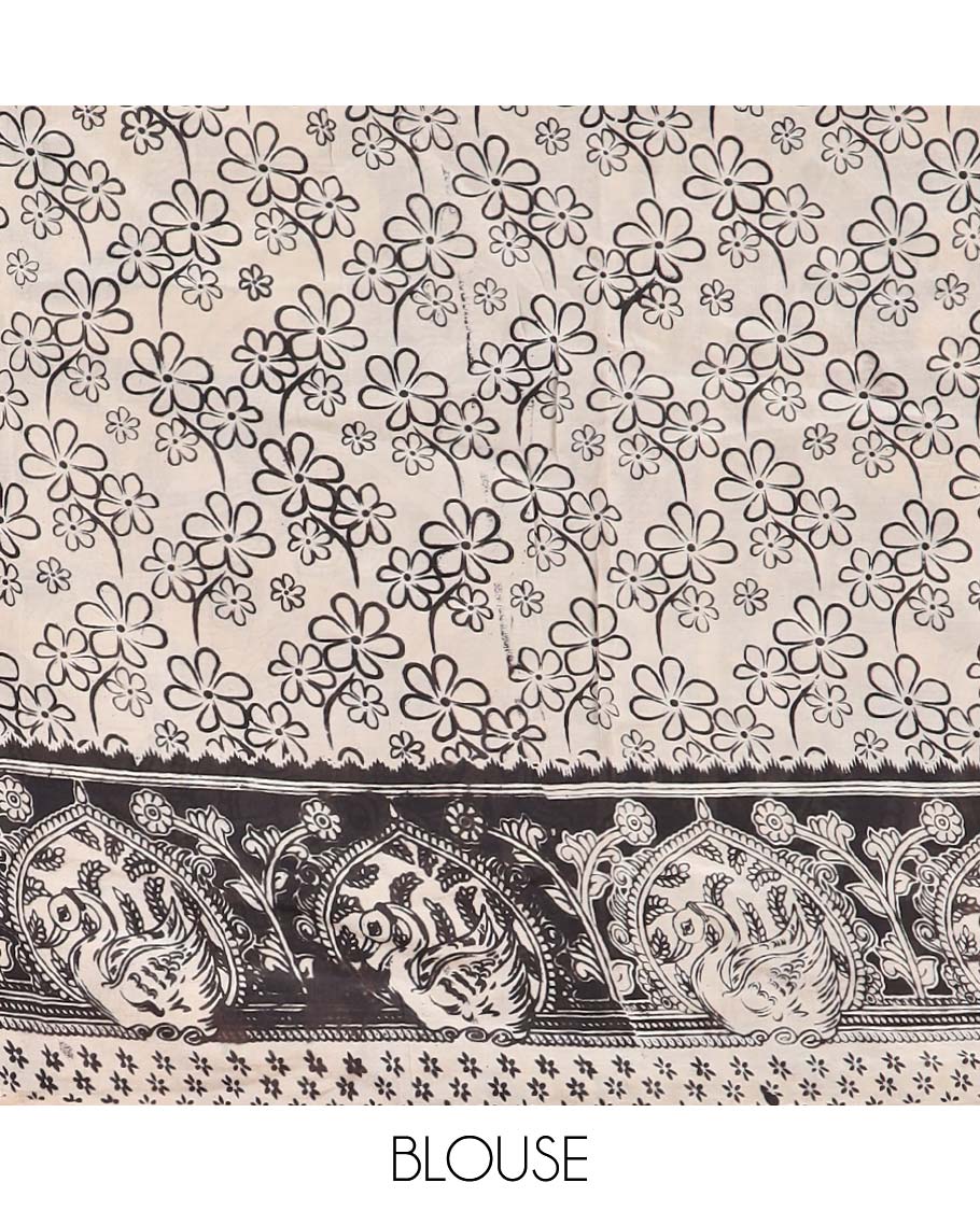 Black floral vine design machine printed kalamkari cotton saree with contrast floral border & forest design pallu
