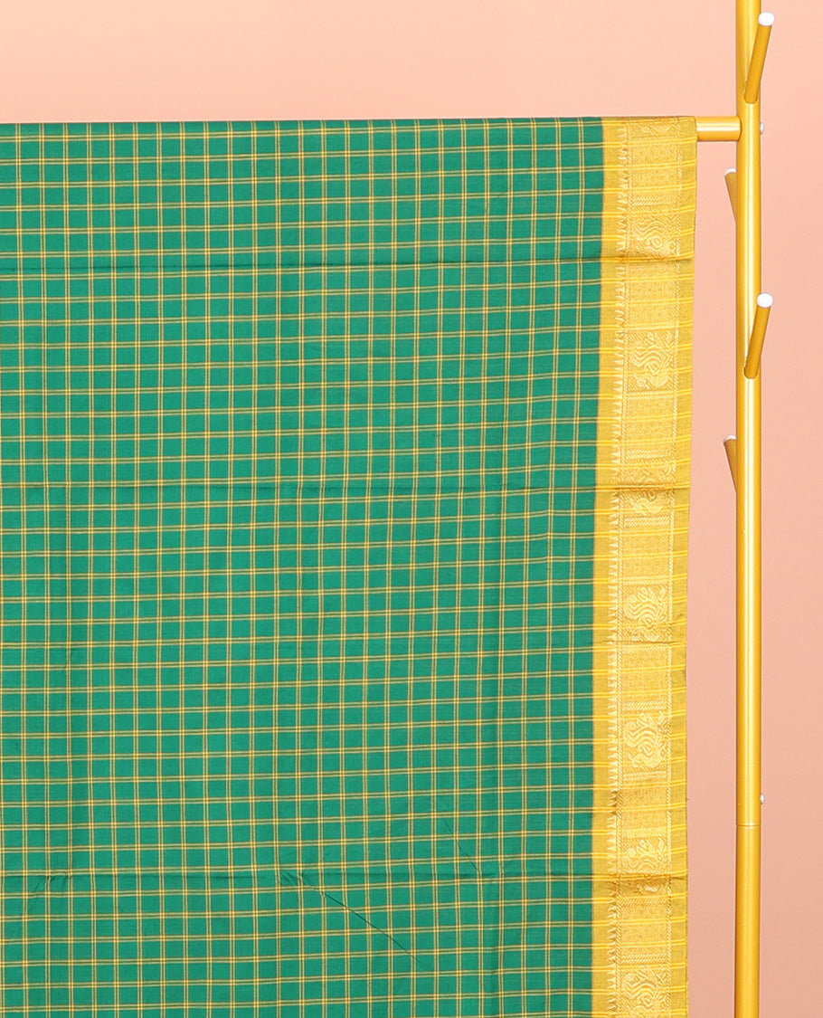 Green Chettinad Cotton Saree, Graced with Checks, Complemented by Contrast Peacock Motifs Zari Border, Pallu of Stripes, and No Blouse