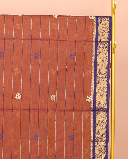 Orange Venkatagiri Cotton Saree Features Peacock Buttas and Stripes, a Contrast Peacock Zari Border, Pallu of Buttas and Stripes, and No Blouse