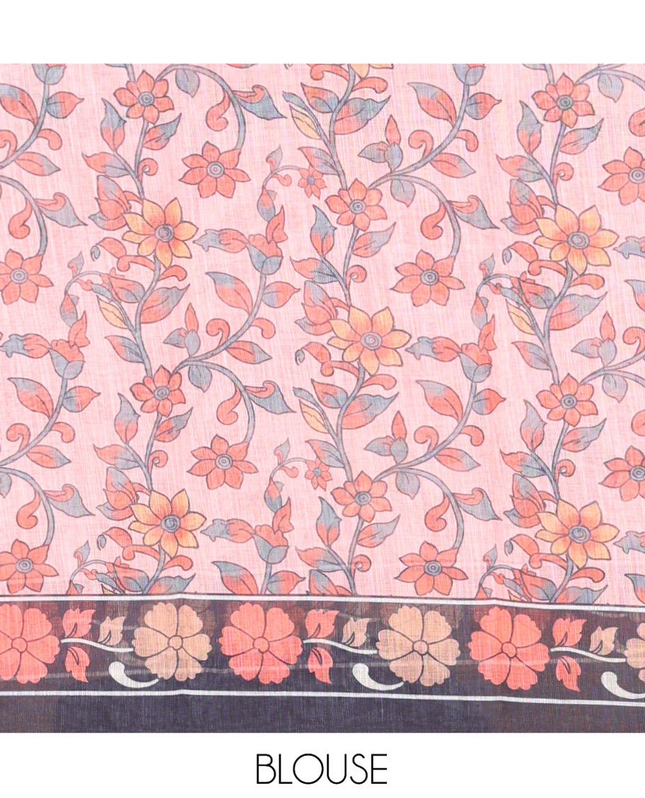 Peach Linen Cotton Saree, Adorned with Shibori Print, a Zari Piping Border, Floral-Peacock Motif Printed Pallu, and Matching Blouse