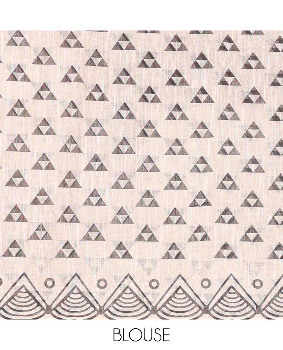 Cream Linen Cotton Saree, Uniquely Printed with Geometric Motifs All Over Its Body, Self-Border Creatively Printed with Warli-Village Theme Print, Pallu Depicts Warli-Village Print, and Paired with a Matching Blouse