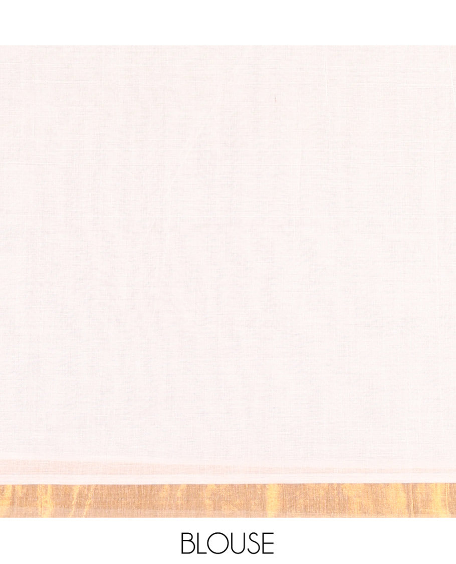 Cream-Red Kerala Cotton Saree, Elevated with Paisley-Horse Patch Applique Embroidery, a Contrast Temple Border, and Matching Blouse