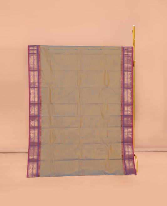 Grey Chettinad Cotton Saree, Sparsely Threaded with Thread Buttas All Over Its Body, Complemented by a Contrast Traditional Zari Design Woven Temple Border, Pallu of Stripes, and Paired with a Matching Blouse
