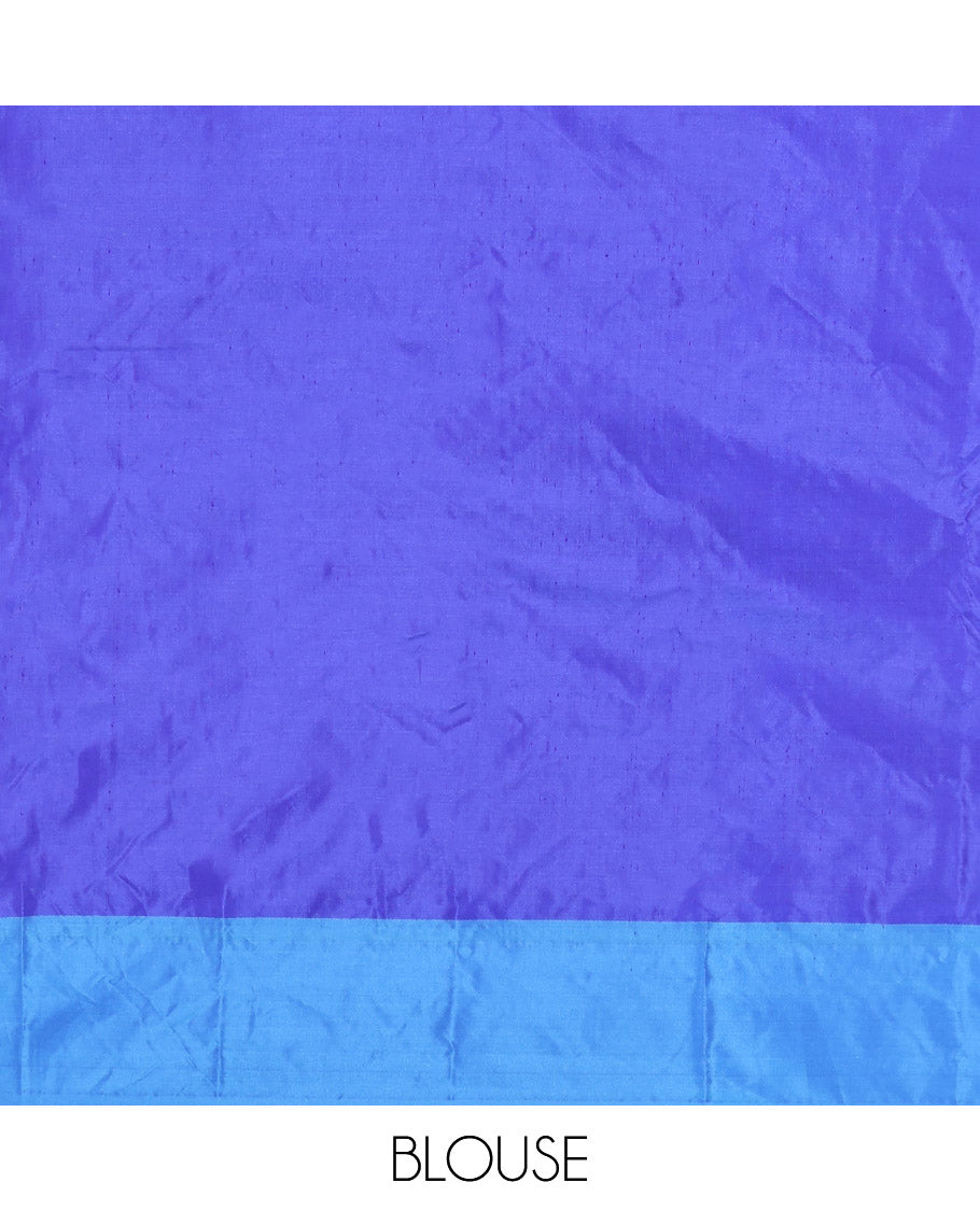 Blue and Purple Aarani Gift Saree, Bedecked with Square Buttas on Its Body, Complemented by a Contrast Border, a Pallu of Stripes, and Paired with a Contrast Blouse