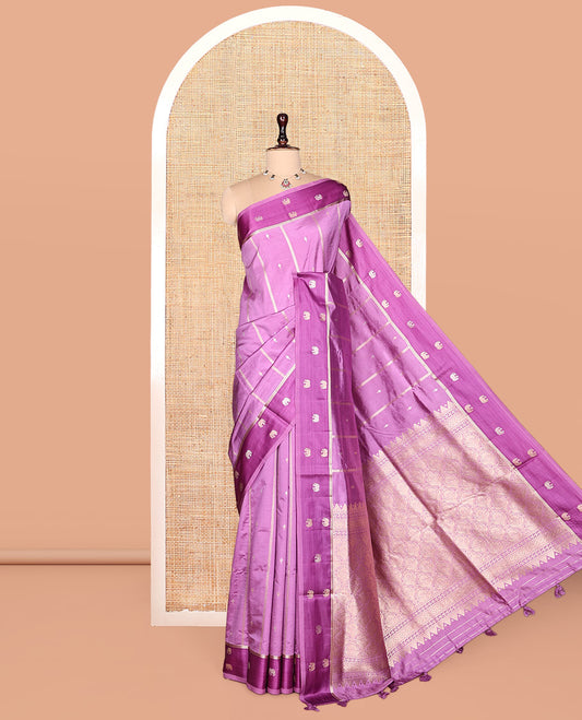 Pink Satin Silk Saree, Adorned with Buttas and Stripes, Complemented by a Contrast Elephant Motif Border,  Grand Jaal Pallu, and a Contrast Blouse