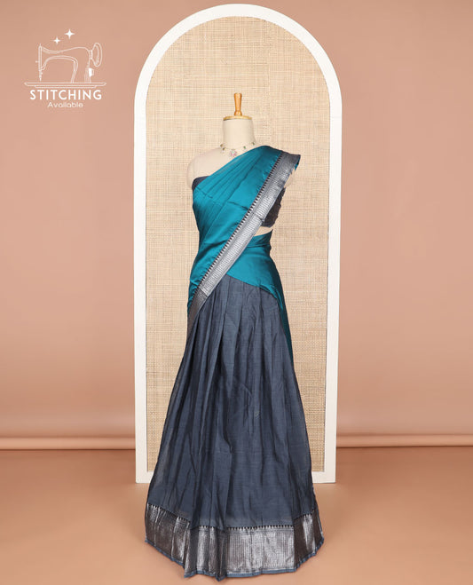 Dark grey cotton half saree with contrast zari design border, zari design blouse & plain, zari design border dhavani