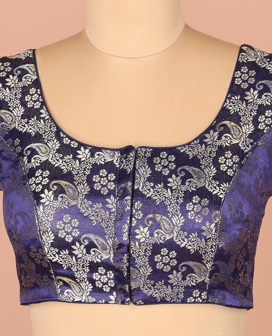 Blue Readymade Blouse Meticulously Woven with Floral-Paisley Jaal Jacquard Design, Featuring Front Round Neck, Back Round Neck, and Elbow Sleeves