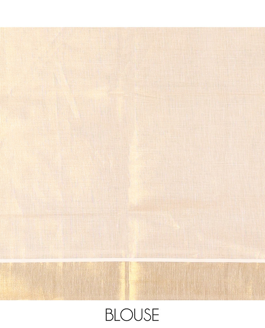 Gold-Maroon Plain Kerala Tissue Saree Features a Butta Enclosed Checked Border, and a Matching Blouse