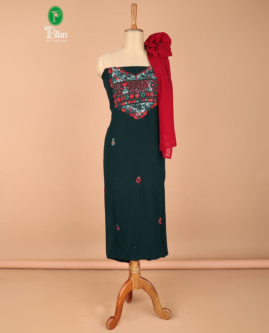 Green chudidhar material challa flower print georgette top with santoon material pants & challa work dupatta