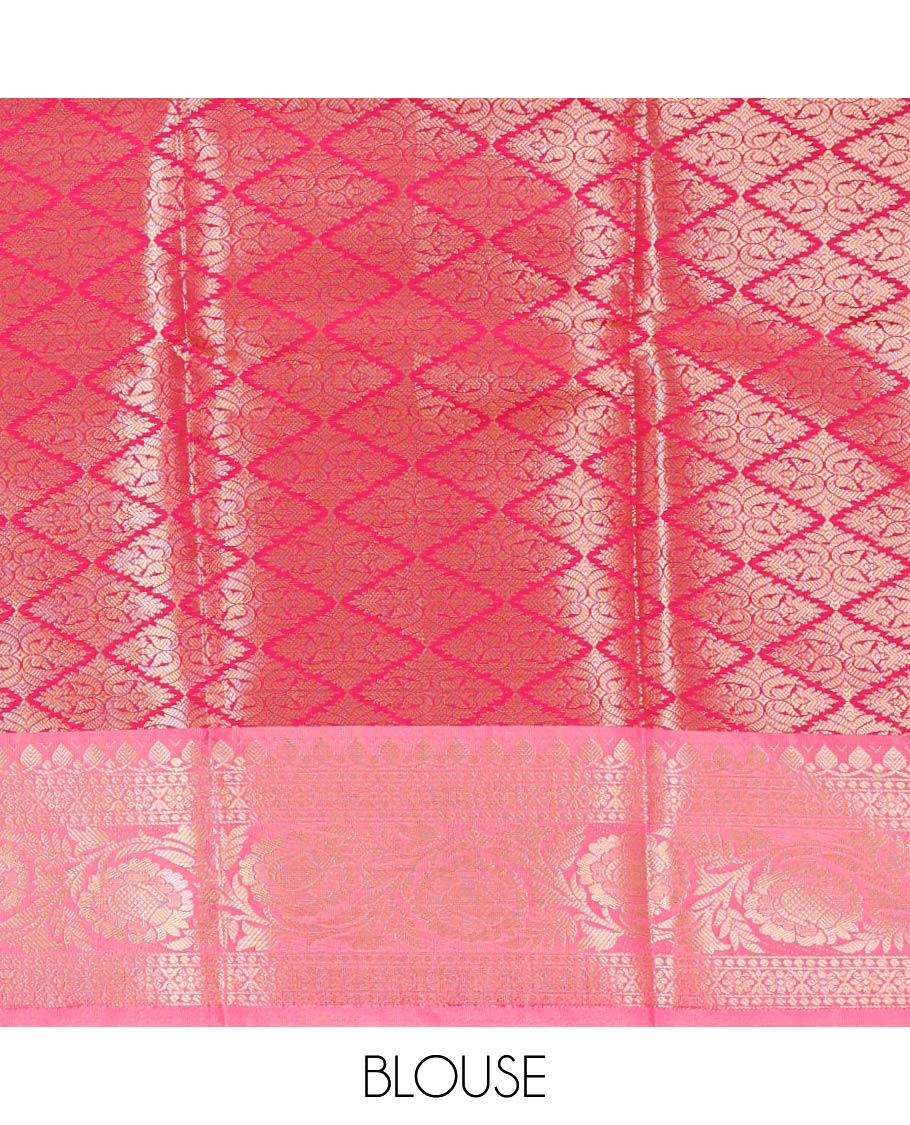Gold pink jaal design tissue celebrity saree with zari border & brocade rich pallu along with brocade blouse
