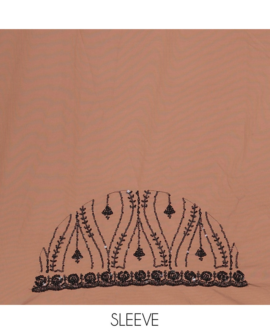 Black Net Saree, Spotlighted with Ogee Sequins Embroidery, a Scalloped Border, and Contrast Embroidered Blouse