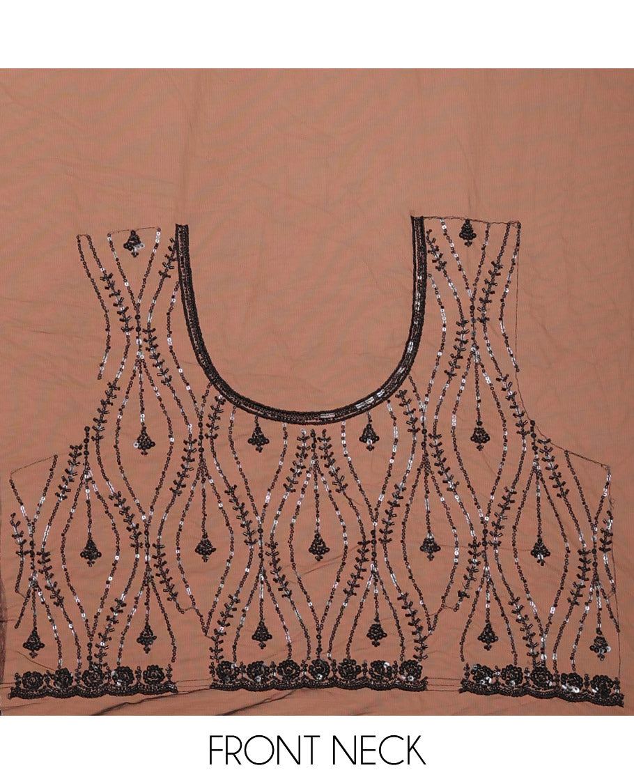 Black Net Saree, Spotlighted with Ogee Sequins Embroidery, a Scalloped Border, and Contrast Embroidered Blouse
