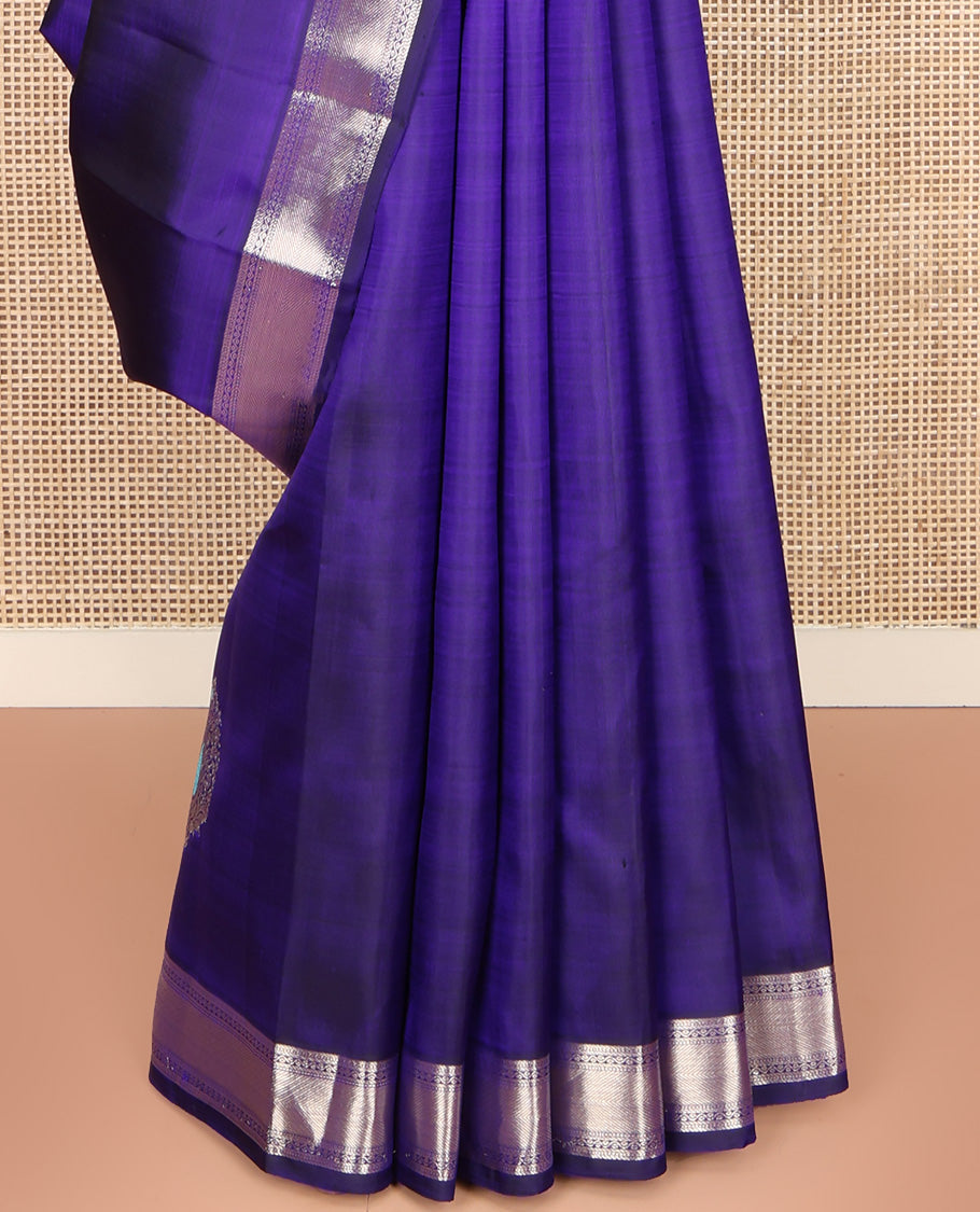 Violet Kanchipuram Silk Saree, Embellished with Zari Buttas All Over Its Body, Highlighted by Zari Border of Muthu and Neli Designs, Grand Pallu, and Paired with a Matching Blouse