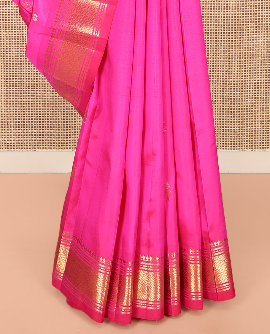 Pink Kanchipuram Silk Saree, Graced with Zari Buttas, Highlighted by a One-Sided Border of Panner Sombu, Banaras, Muthu, and Jaal Designs, Grand Pallu, and No Blouse