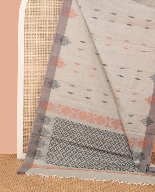 Beige Kanchi Cotton Saree, Delicately Woven with Diamond Buttas All Over Its Body, Complemented by Contrast Border of Diamond Motifs, Pallu of Geometric Designs, and Paired with a Matching Blouse