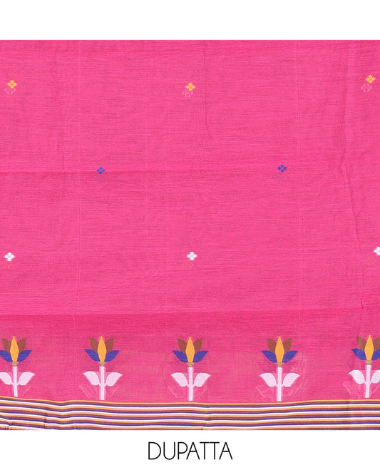 Rani Pink Mul Chanderi Material Churidar Features Jamdani-Style Meena Buttas Top, a Plain Bottom, and a Jamdani-Style Dupatta