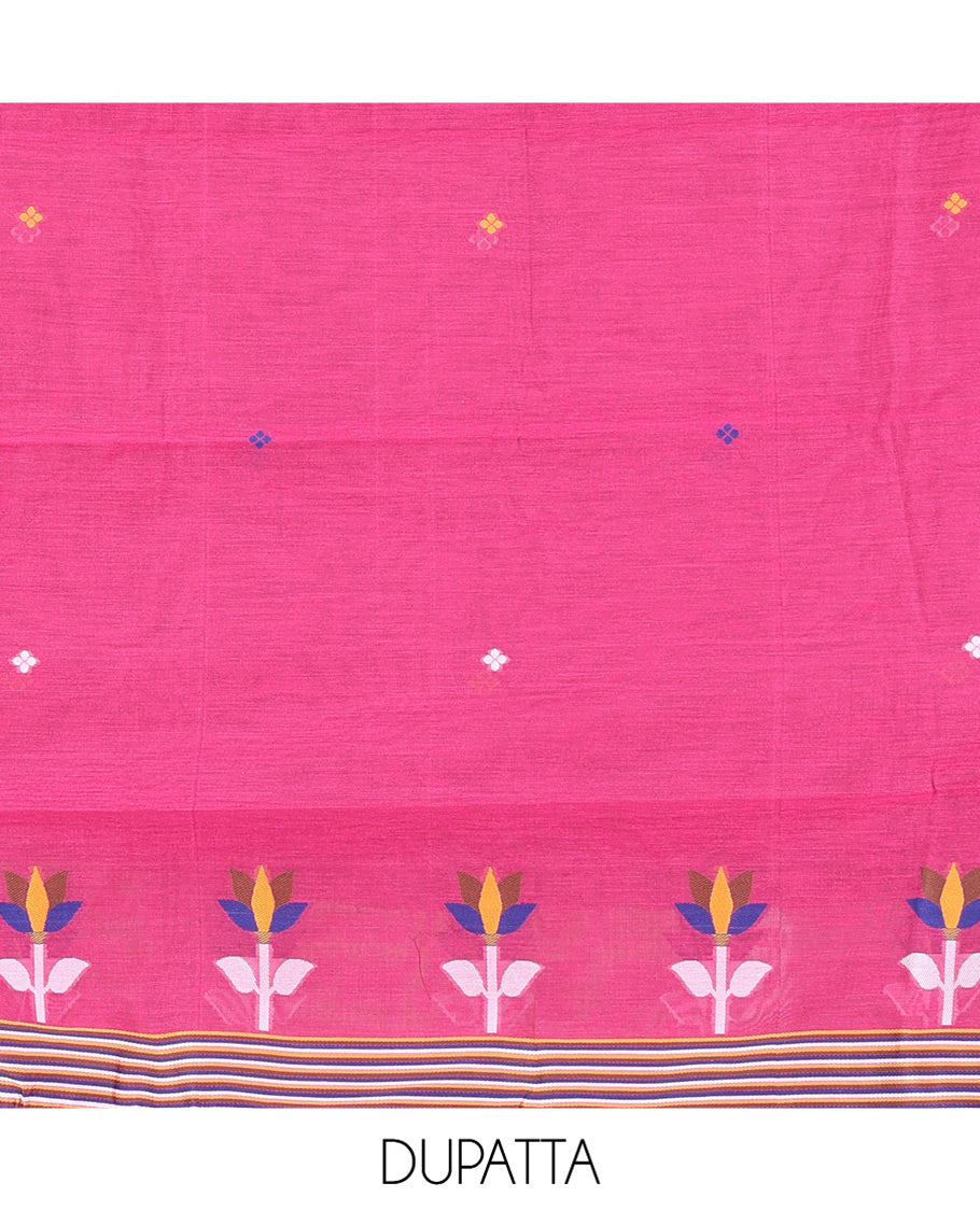 Rani Pink Mul Chanderi Material Churidar Features Jamdani-Style Meena Buttas Top, a Plain Bottom, and a Jamdani-Style Dupatta