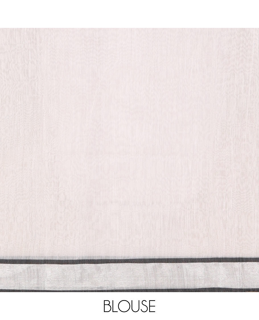 White-black flying bird motifs printed linen saree, silver bavanji border, printed pallu & plain blouse