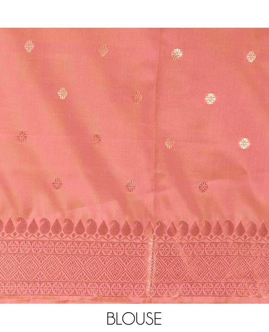 Onion Pink Soft Silk Saree, Adorned with Horse-Peacock Buttas, a Zari Border, Jaal Pallu, and a Matching Blouse